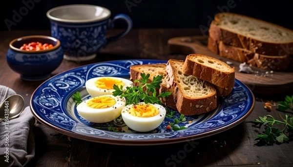 Fototapeta A classic breakfast scene featuring halved boiled eggs on a decorative plate, toasted bread, and a side of chili