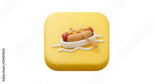Fototapeta 3D Hot Dog in a Bun with Ketchup and Mustard Floating in a White Boat on a Yellow Background.