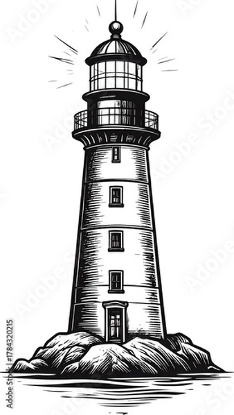 Fototapeta A classic lighthouse illustration with shining beacon, set on a rocky island, rendered in black and white. Detailed linework