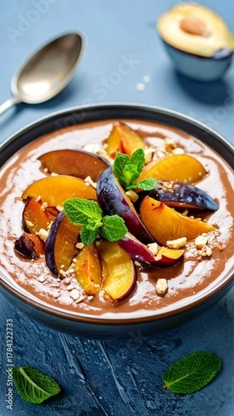 Fototapeta Chocolate dessert with plum wedges, mint sprigs, and chopped nuts in a dark bowl