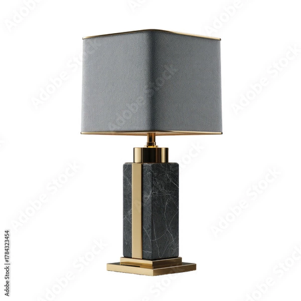 Obraz Square lamp dark marble base, gray shade, gold accents.