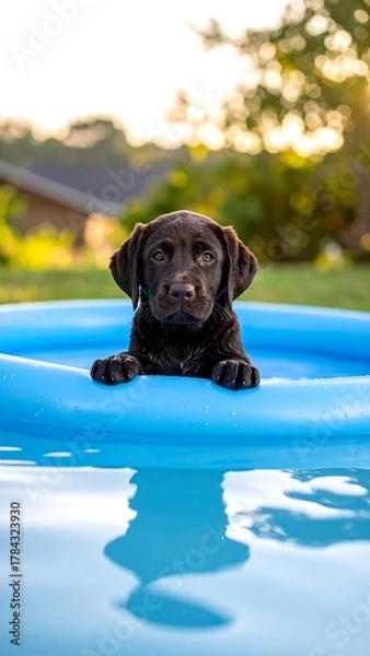 Obraz Chocolate Labrador puppy sits in a bright blue inflatable pool on a grassy, sunny lawn