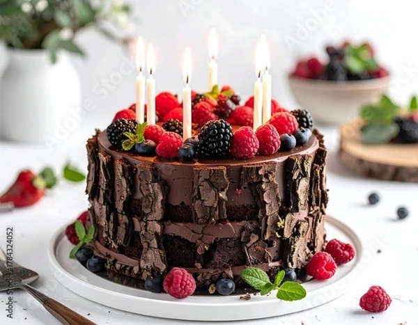 Obraz A close-up of a chocolate cake with bark-like sides, topped with berries and lit candles, with berries in the background