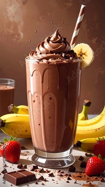 Fototapeta Chocolate milkshake, topped with cream and chocolate, surrounded by fruit