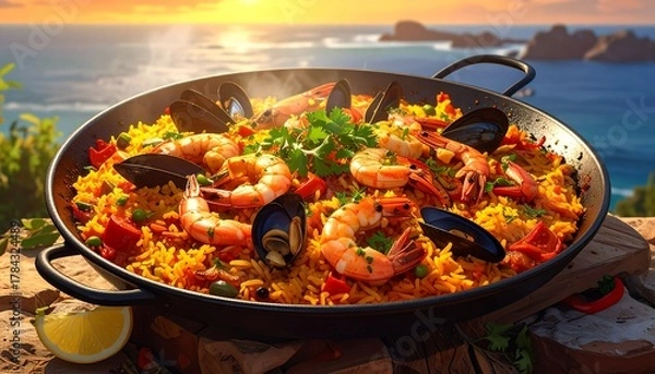 Obraz A close-up of a pan filled with colorful seafood paella on a wooden surface, set against an ocean and sunset backdrop