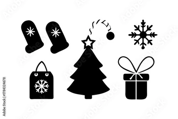 Obraz Christmas icons with tree, gift, and snowflake