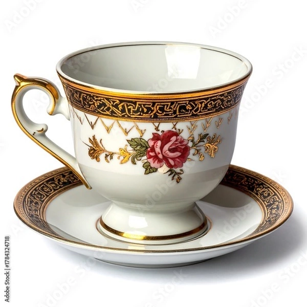Obraz A close-up of a porcelain teacup with matching saucer. The cup features intricate gold detailing and a floral motif