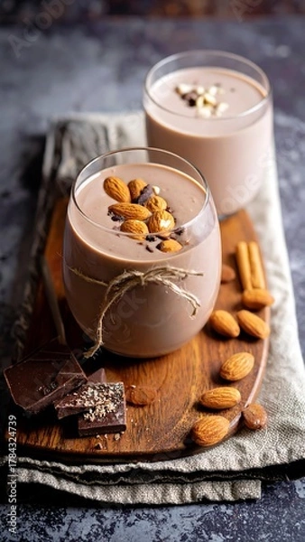 Obraz Chocolate puddings in glasses with almonds, served on a wooden board and linen cloth