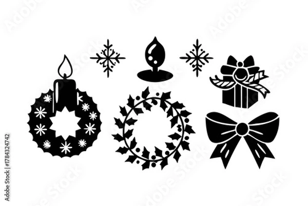Fototapeta Christmas icons set with candle, wreath and gift
