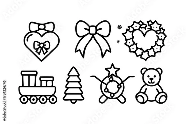 Fototapeta Christmas icons set with heart, bow and wreath