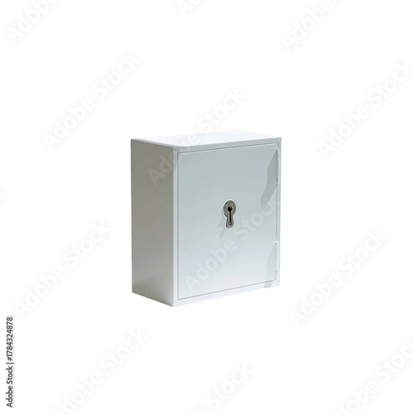 Fototapeta White metal box with keyhole on black background