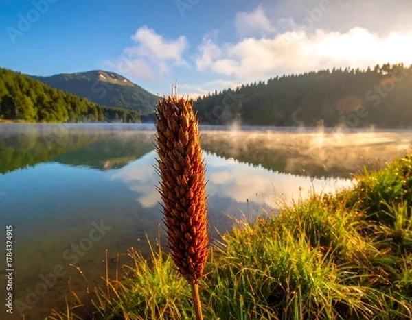 Obraz A close-up of a seed head in front of a lake mirroring a mountainous landscape, light illuminating scene