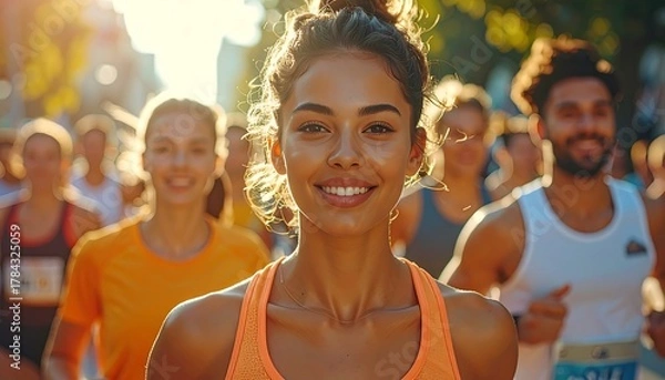 Obraz A close-up of a smiling runner amidst a crowd of athletes. Warm sunlight bathes the scene, creating a vibrant, energetic atmosphere