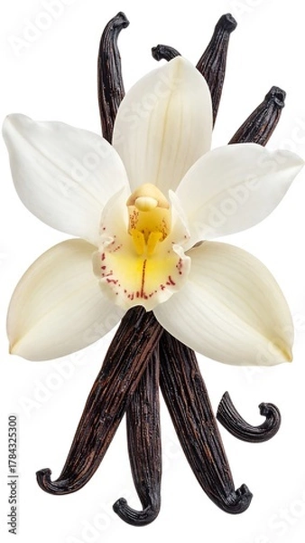 Obraz A close-up of a vanilla orchid flower with its dark brown seed pods arranged around it on a white backdrop