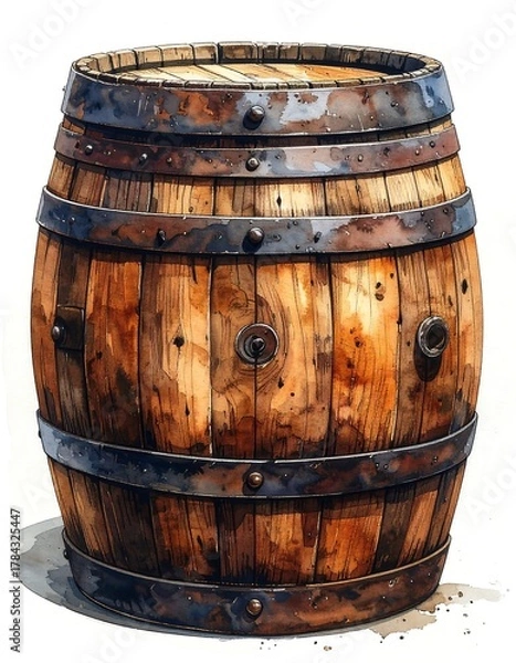Obraz A close-up of a weathered, wooden barrel with metal bands, showing detailed grain and signs of aging with a rustic aesthetic