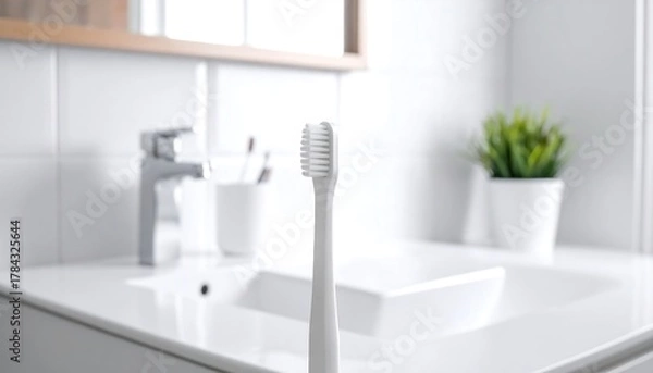 Obraz A close-up of a white toothbrush centered in front of a bathroom sink and mirror. The focus is on the brush