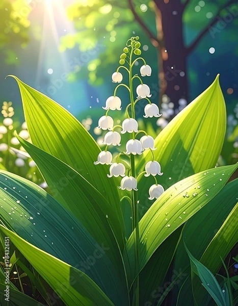 Obraz A close-up of delicate white bell-shaped flowers on a stem surrounded by large green leaves, kissed by sunlight. Small details of water drops