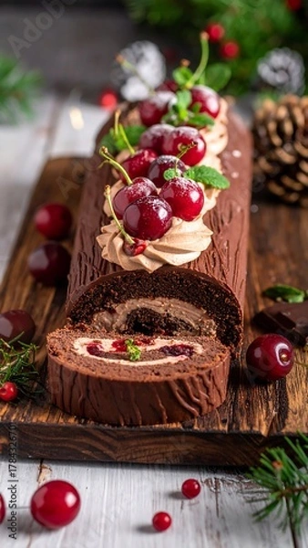 Fototapeta Chocolate yule log cake topped with cherries, cream, and mint on rustic wooden board