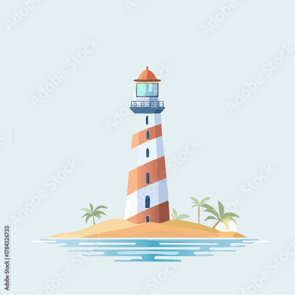 Fototapeta Cartoon Lighthouse on Island with Palm Trees Red and White Stripes.