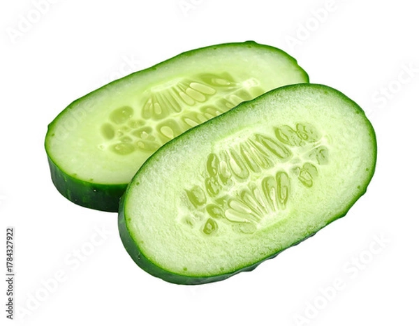 Obraz Close-up of two translucent cucumber slices, revealing the internal structure of the vegetable against a dark background