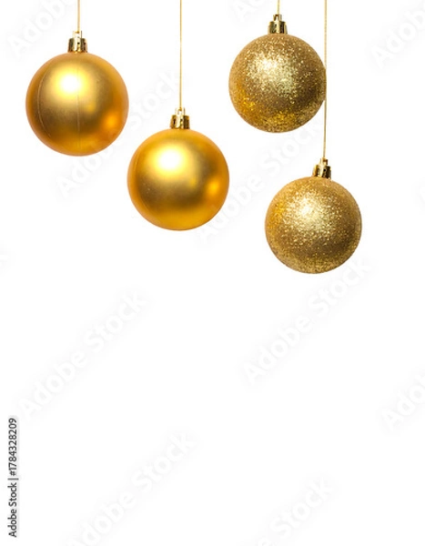 Obraz Four golden holiday ornaments hang against a black background. Two appear smooth, and two have a textured, glittery finish