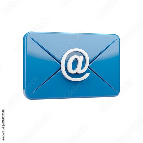 Obraz Glossy, blue 3D envelope with white "@" symbol, suggesting digital communication. It's set against a black backdrop, clean