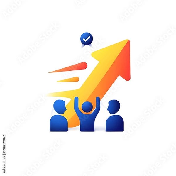 Obraz Illustration showing a team celebrating success, an upward arrow symbolizing growth with a checkmark