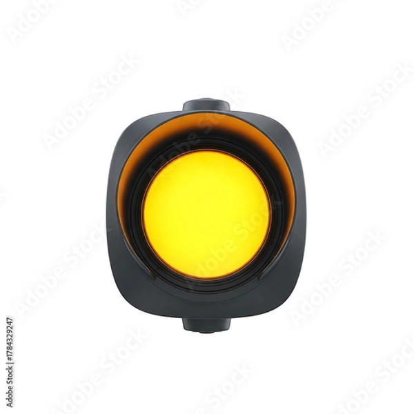 Obraz Overhead perspective of a glowing yellow traffic light against a stark black backdrop. The housing is dark gray