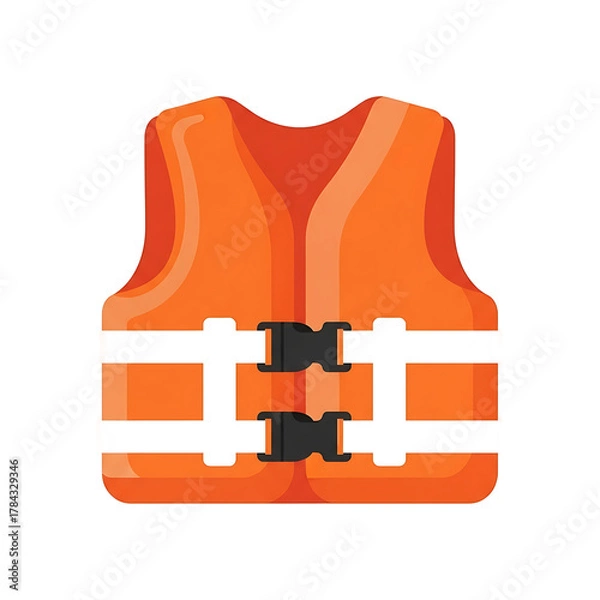 Obraz Simplified graphic of a bright orange life vest, featuring white straps with black clasps. Design floats atop black background
