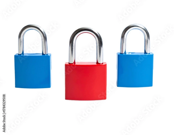 Obraz Three colorful metallic padlocks, with shiny chrome arcs, arranged against a stark black background. One red, flanked by two blue