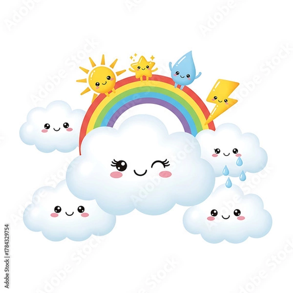 Obraz Whimsical weather scene with smiling sun, stars, raincloud, and lightning above a rainbow and puffy clouds