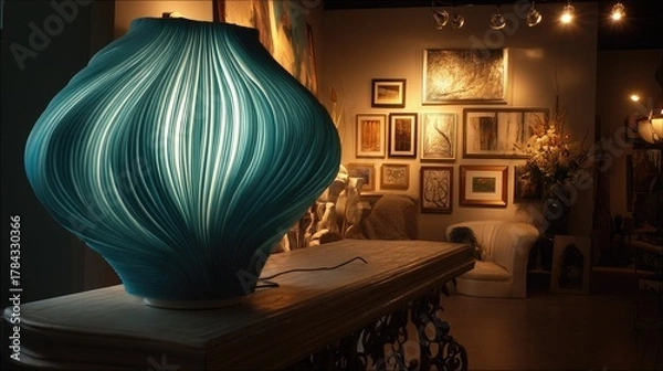 Fototapeta Elegant Turquoise Lamp with Decorative Art Gallery Background