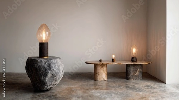 Obraz Unique Lighting Design Featuring Stone and Wood Elements in Minimalist Space