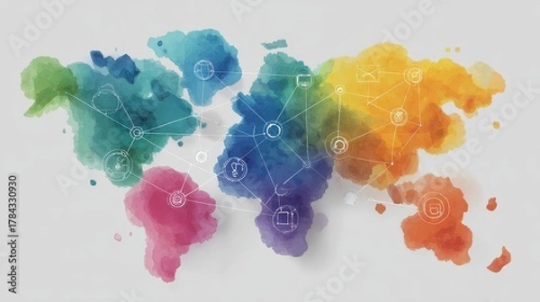 Fototapeta Network flat design top view theme information technology water color vivid.