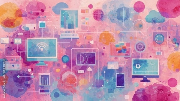 Obraz Network flat design top view theme information technology water color vivid.