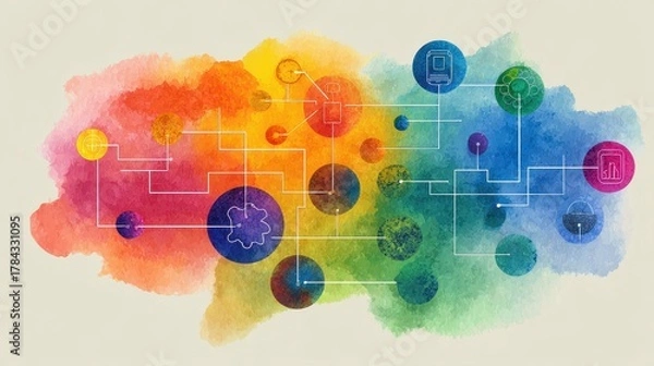 Obraz Network flat design top view theme information technology water color vivid.