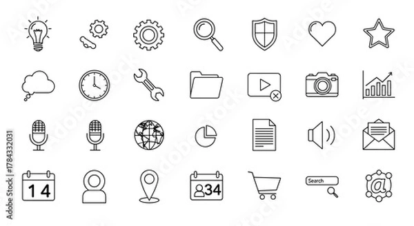 Obraz Collection of outline icons representing technology, business, and communication, perfect for infographics, articles, books, flyers, and banners. This editable stroke vector cartoon illustration