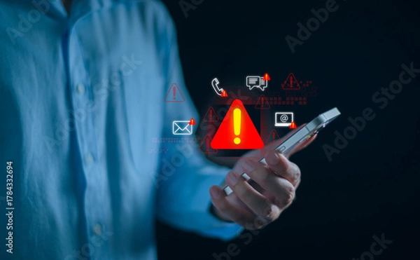 Fototapeta Businessman using smartphone with system warning alerts, Concept of cyber threat, phishing, scam messages, suspicious calls, and online security risks on communication.