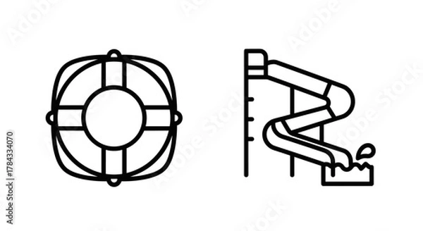 Fototapeta Collection of simple, isolated line icons featuring a lifebuoy and a water slide with splashing water, perfect for web, books, cards, and apps, with editable stroke and a cartoon illustration style.