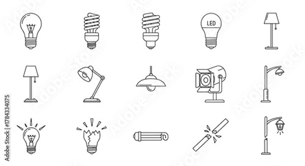 Fototapeta Collection of line art icons representing various types of lighting, including incandescent bulbs, energy-saving CFLs, modern LEDs, desk lamps, floor lamps, pendant lights, studio spotlights, and