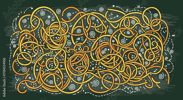 Fototapeta Abstract spaghetti tangle on a dark green chalkboard background with white chalk swirls and dots, creating a vibrant and playful food illustration perfect for culinary themes and Italian cuisine.