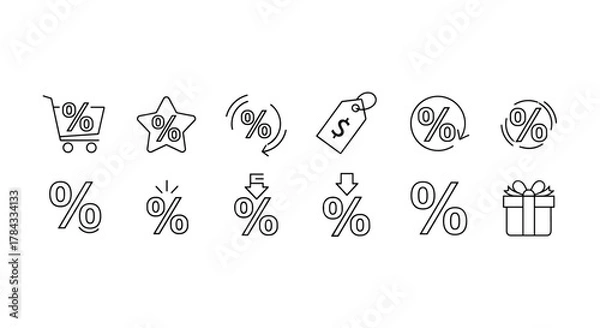 Fototapeta Collection of line icons representing percentage and sale symbols, including a shopping cart, star, price tag with dollar sign, gift box, and various percentage signs with arrows indicating discounts