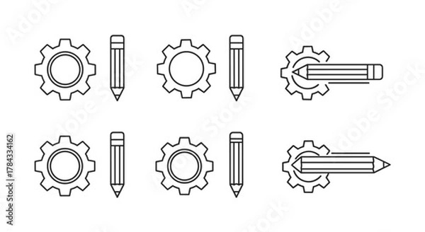 Fototapeta Minimalistic linear icon set featuring gears and pencils, symbolizing creativity, engineering, and design processes. This versatile vector graphic collection includes isolated elements and combined