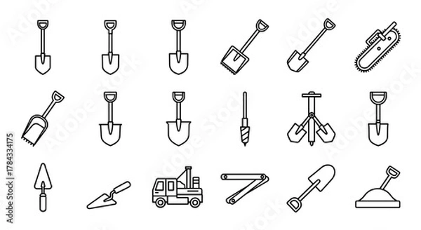 Fototapeta Collection of outline icons representing various shovels, trowels, a chainsaw, a drill bit, a construction vehicle, and a sand pile, perfect for graphic design, web development, app interfaces, and