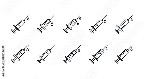 Fototapeta A seamless pattern of minimalistic linear pictograms of syringes, each with a drop of liquid falling from the needle, designed for web and graphic design, apps, banners, social networks, and cards