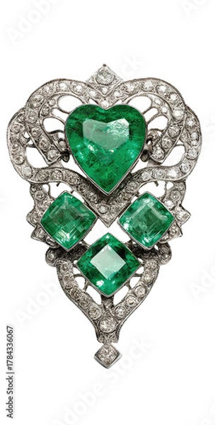 Fototapeta Emeralds set in ornate, filigree-style diamond brooch.