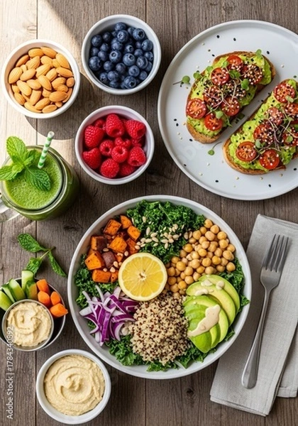 Obraz A realistic flat lay photo of plant-based food on a rustic table, perfect for healthy lifestyle concepts
