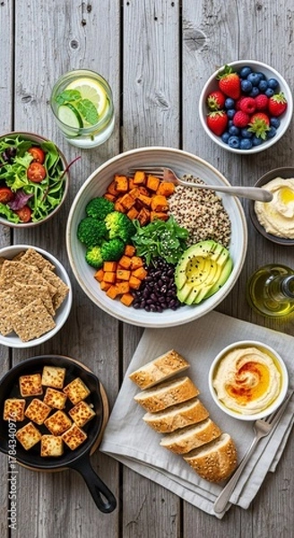 Obraz A realistic flat lay photo of plant-based food on a rustic table, perfect for healthy lifestyle concepts