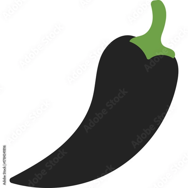 Fototapeta A Single Dark Chili Pepper With A Bright Green Stem Isolated On A White Background Detailed Vegetable Illustration