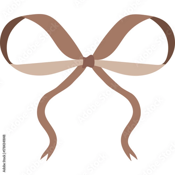 Fototapeta A single brown satin bow tie ribbon decoration with two loops and two flowing tails isolated on a transparent background